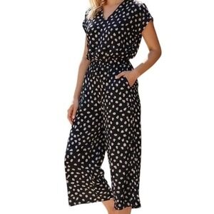 Masai Jumpsuit Women L Black White Polka Dot Cropped Wide Leg Culotte